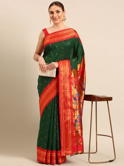 VARKALA SILK SAREES - Bottle Green Soft Silk Muniya Paithani Saree With Unstitched Blouse