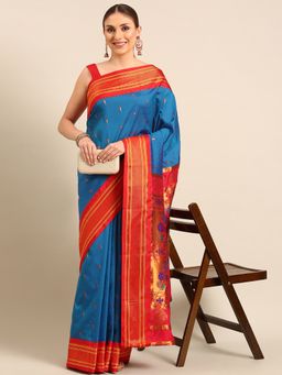 VARKALA SILK SAREES - Firozi Soft Silk Muniya Paithani Saree With Unstitched Blouse