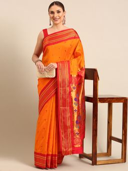 VARKALA SILK SAREES - Orange Soft Silk Muniya Paithani Saree With Unstitched Blouse