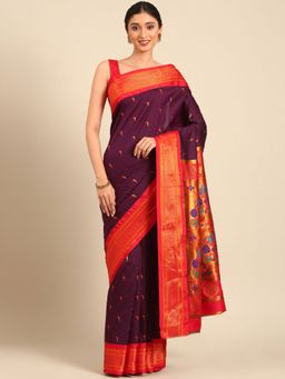 VARKALA SILK SAREES - Wine Soft Silk Muniya Paithani Saree With Unstitched Blouse