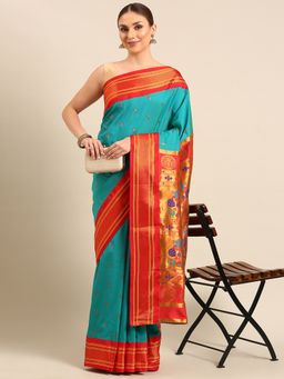 VARKALA SILK SAREES - Turquoise Soft Silk Muniya Paithani Saree With Unstitched Blouse