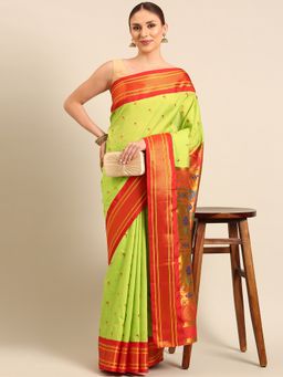 VARKALA SILK SAREES - Parrot Green Soft Silk Muniya Paithani Saree With Unstitched Blouse