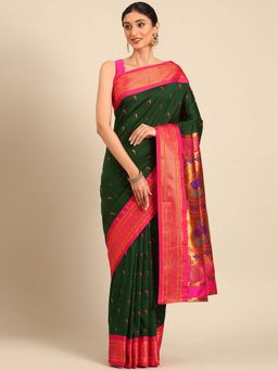 VARKALA SILK SAREES - Bottle Green Soft Silk Muniya Paithani Saree With Unstitched Blouse