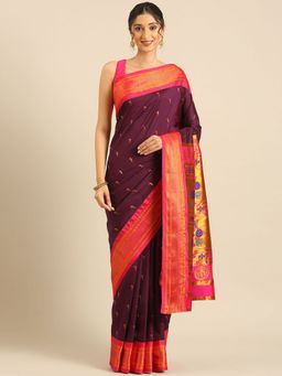 VARKALA SILK SAREES - Wine Soft Silk Muniya Paithani Saree With Unstitched Blouse