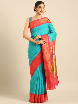 VARKALA SILK SAREES - Turquoise Soft Silk Muniya Paithani Saree With Unstitched Blouse