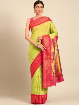 VARKALA SILK SAREES - Parrot Green Soft Silk Muniya Paithani Saree With Unstitched Blouse