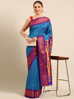 VARKALA SILK SAREES - Turquoise Soft Silk Muniya Paithani Saree With Unstitched Blouse