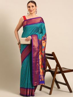 VARKALA SILK SAREES - Teal Soft Silk Muniya Paithani Saree With Unstitched Blouse