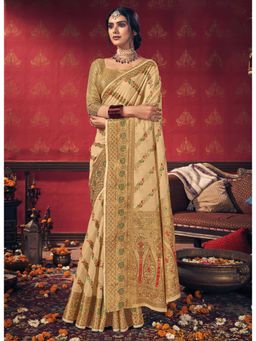 Sangam Prints - Beige Cotton Zari Work Traditional Saree with Unstitched Blouse