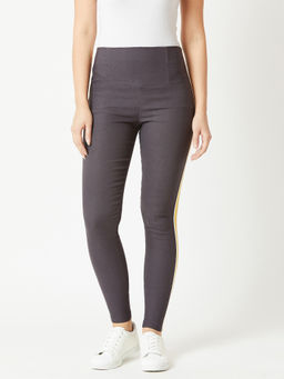 Miss Chase - Dark Grey Solid Regular High Waist Knitted Slim Fit Twill Tape Detailing Jeggings