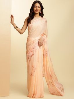 Navyasa By Liva - Peach Chiffon Floral Print Saree with Unstitched Blouse
