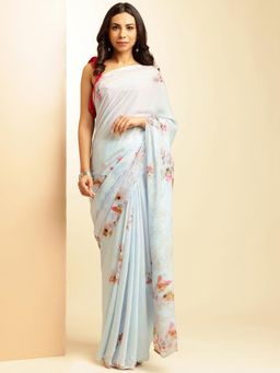 Navyasa By Liva - Light Blue Crepe Floral Print Saree with Unstitched Blouse