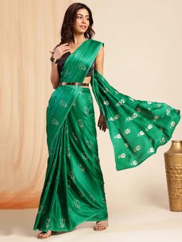 Navyasa By Liva - Women Green Satin Foil Printed Saree with Unstitched Blouse