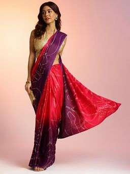 Navyasa By Liva - Pink and Purple Ombre Satin Foil Print Saree with Unstitched Blouse