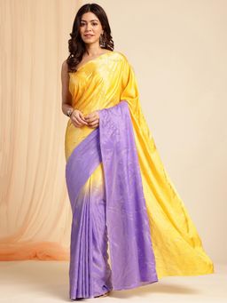 Navyasa By Liva - Yellow and Lavender Ombre Satin Foil Print Saree with Unstitched Blouse
