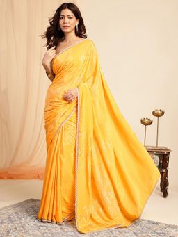 Navyasa By Liva - Yellow Crepe Foil Printed Saree with Unstitched Blouse