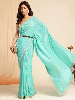 Navyasa By Liva - Women Sea Blue Crepe Foil Printed Saree with Unstitched Blouse