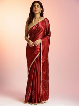 Navyasa By Liva - Maroon Satin Foil Print Saree with Unstitched Blouse