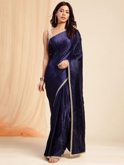 Navyasa By Liva - Navy Blue Satin Foil Print Saree with Unstitched Blouse