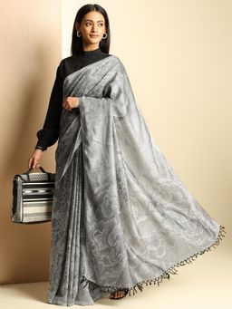 Navyasa By Liva - Grey Woven Tassels Saree with Unstitched Blouse