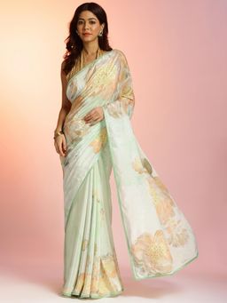 Navyasa By Liva - Green Crepe Floral Print Embellished Saree with Unstitched Blouse