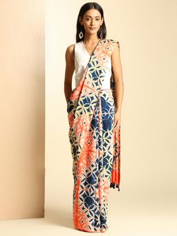 Navyasa By Liva - Navy Blue and Orange Satin Printed Saree with Unstitched Blouse