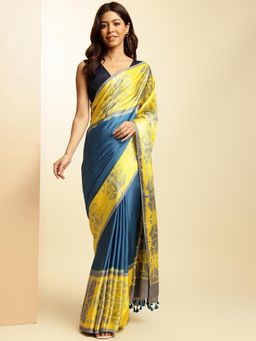 Navyasa By Liva - Yellow and Blue Satin Printed Saree with Unstitched Blouse