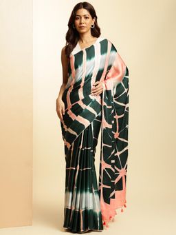 Navyasa By Liva - Green Satin Tie and Dye Saree with Unstitched Blouse