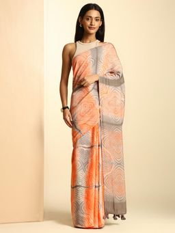 Navyasa By Liva - Orange Satin Printed Saree with Unstitched Blouse