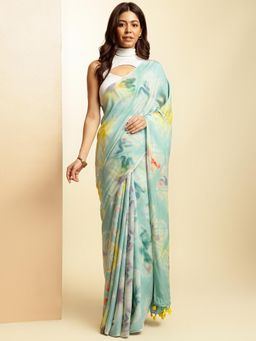 Navyasa By Liva - Sea Blue Satin Tie and Dye Saree with Unstitched Blouse