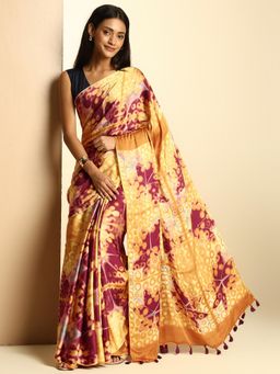 Navyasa By Liva - Light Brown Satin Printed Saree with Unstitched Blouse