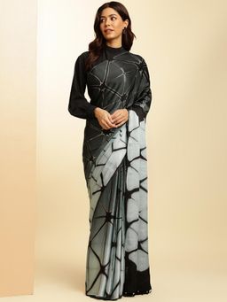 Navyasa By Liva - Grey Satin Printed Saree with Unstitched Blouse