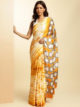 Navyasa By Liva - Mustard Satin Tie and Dye Saree with Unstitched Blouse