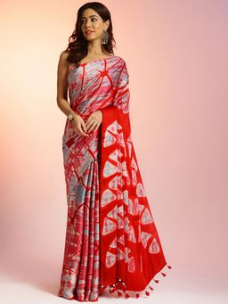 Navyasa By Liva - Red Satin Tie and Dye Saree with Unstitched Blouse