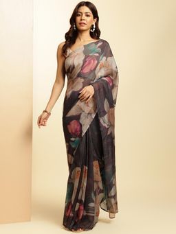 Navyasa By Liva - Black Silk Excel Floral Print Saree with Unstitched Blouse