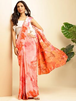 Navyasa By Liva - Peach Crepe Floral Print Saree with Unstitched Blouse