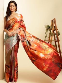 Navyasa By Liva - Women Rust Satin Floral Print Saree with Unstitched Blouse
