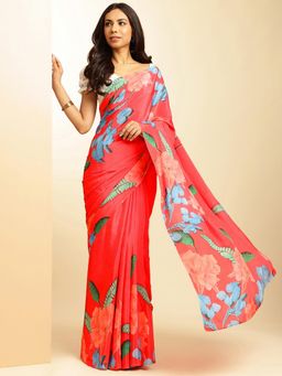 Navyasa By Liva - Red Crepe Floral Print Saree with Unstitched Blouse