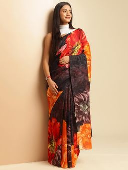 Navyasa By Liva - Brown Linen Floral Print Saree with Unstitched Blouse