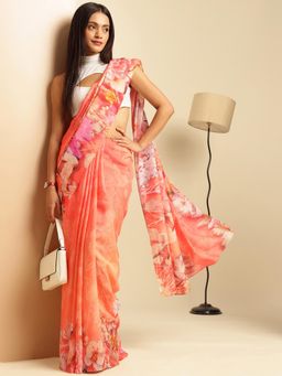 Navyasa By Liva - Peach Linen Floral Print Saree with Unstitched Blouse