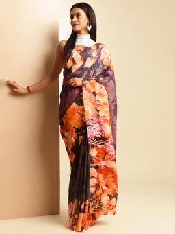 Navyasa By Liva - Purple Linen Floral Print Saree with Unstitched Blouse