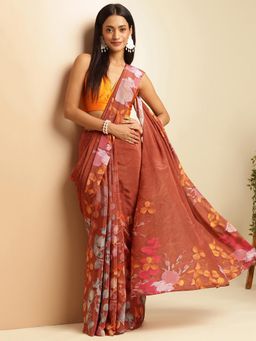 Navyasa By Liva - Rust Crepe Floral Print Saree with Unstitched Blouse
