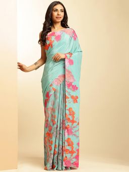 Navyasa By Liva - Light Green Crepe Floral Print Saree with Unstitched Blouse