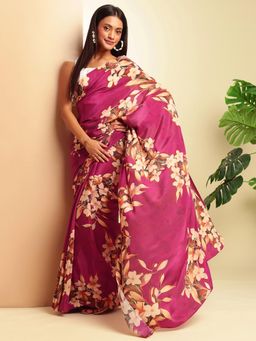Navyasa By Liva - Wine Crepe Floral Print Saree with Unstitched Blouse