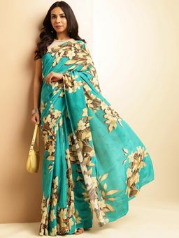 Navyasa By Liva - Green Crepe Floral Print Saree with Unstitched Blouse