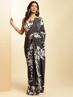 Navyasa By Liva - Black Crepe Floral Print Saree with Unstitched Blouse