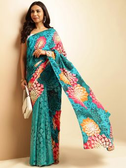 Navyasa By Liva - Green Crepe Floral Print Saree with Unstitched Blouse