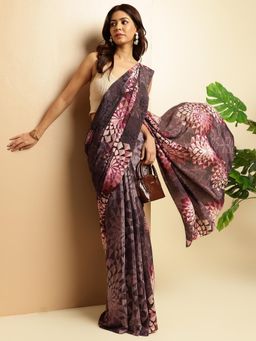Navyasa By Liva - Brown Crepe Floral Print Saree with Unstitched Blouse
