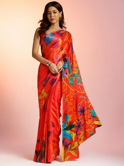 Navyasa By Liva - Red Satin Floral Print Saree with Unstitched Blouse