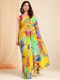 Navyasa By Liva - Yellow Crepe Floral Print Saree with Unstitched Blouse